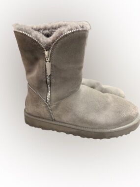 UGG Florence Zip Sheepskin Boots Womens 10 Gray Suede Mid Calf Cozy Winter